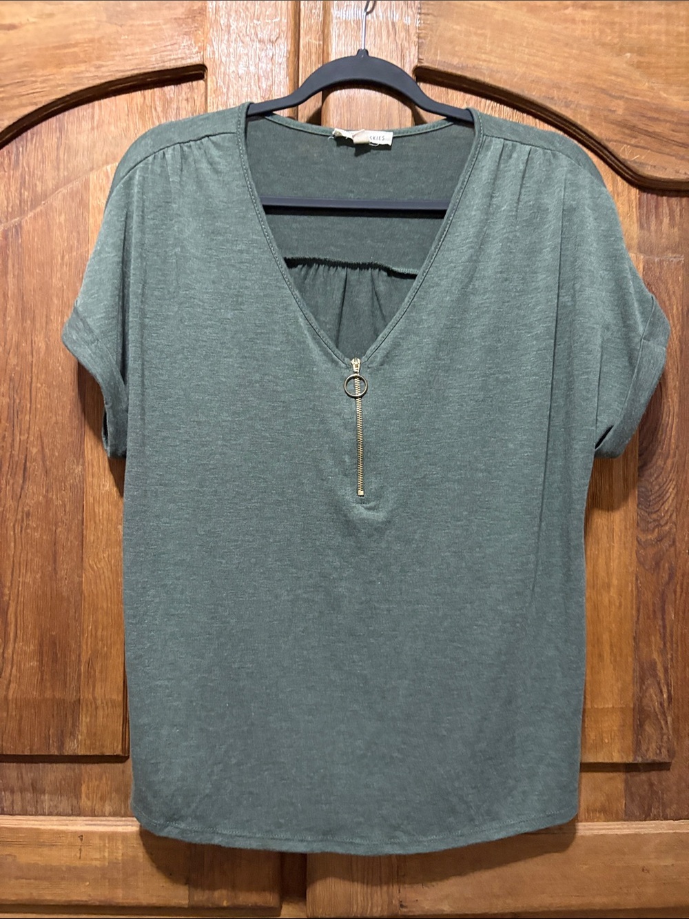 Parallel Skies Olive Green Short-Sleeve V-Neck Top with Gold Ring Zip